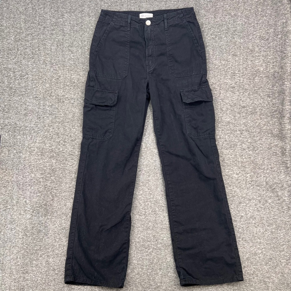 Zara Black Cargo Pants Womens 6 Straight Leg Utility Pockets Streetwear Trousers